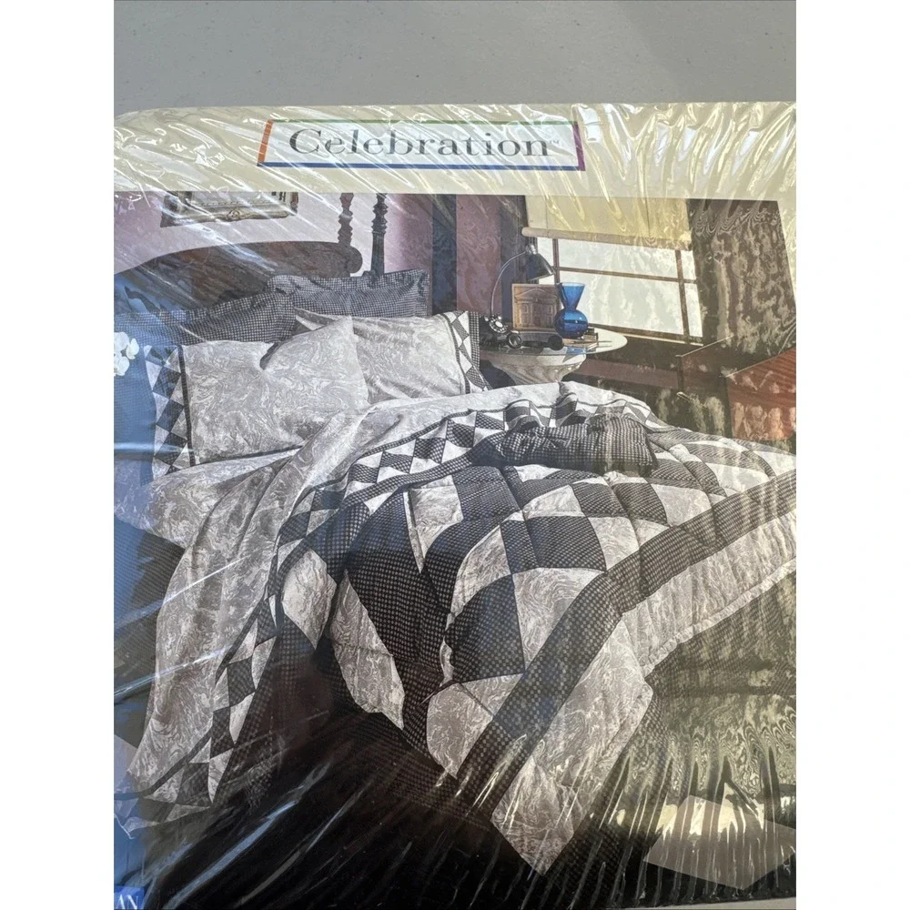 VTG‎ Mervyn's Celebration Black Twin Sheet Set Flat Fitted Pillowcase USA